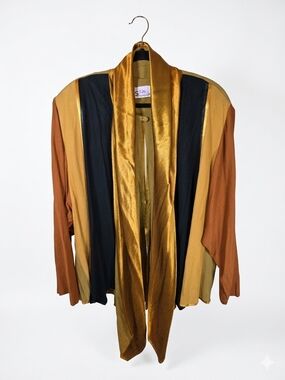 Vintage Open Front Draped Jacket in Gold, Black & Rust Duster/kimono